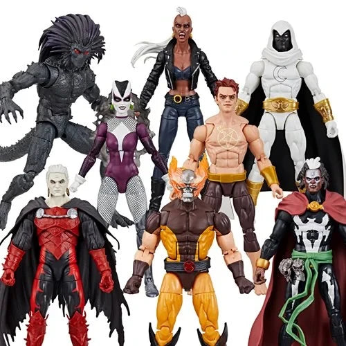 A collection of Marvel Legends Strange Tales 6-Inch Action Figures, featuring various characters in dynamic poses.
