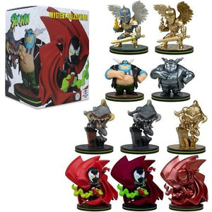 A boxed Marvel Spawn Mystery Collection set displayed with multiple small character figurines on a white background. The box shows Marvel Spawn branding and artwork featuring a red cowl and dark masked figure.