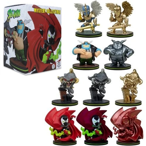 A boxed Marvel Spawn Mystery Collection set displayed with multiple small character figurines on a white background. The box shows Marvel Spawn branding and artwork featuring a red cowl and dark masked figure.