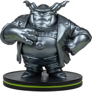 A metallic silver collectible figurine of a cartoonish monster or goblin character standing on a black circular base with a bright green ring accent, isolated on a white background.