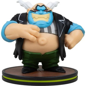 A collectible vinyl figure of a cartoon-style muscular character with a blue face, black jacket, gray-and-white striped shirt, green pants, and white horns, standing on a round display base against a plain white background.