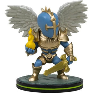A collectible fantasy figurine of a blue and gold armored knight with white wings, holding a yellow flame in one hand and a sword in the other, standing on a circular base against a white background.