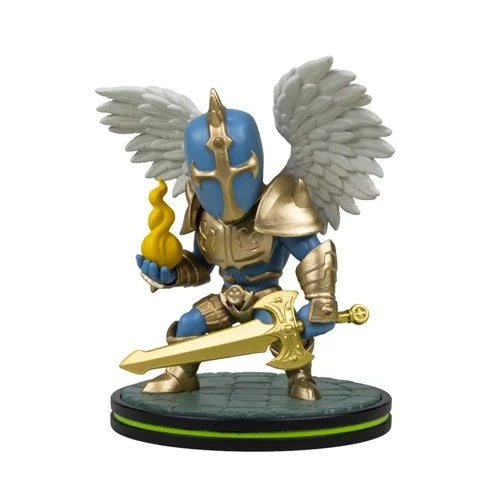 A fantasy winged knight figurine in blue and gold armor, holding a yellow flame and a large gold sword, standing on a round display base against a white background.