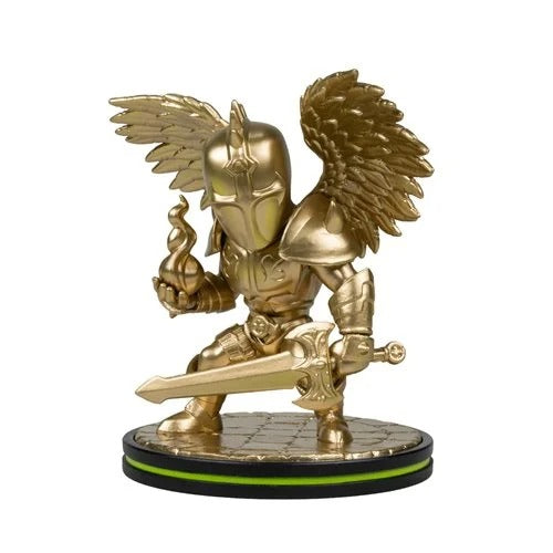 A metallic gold fantasy winged knight figurine holding a sword and flame, standing on a circular display base with a bright green ring accent, isolated on a white background.