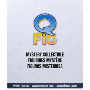 Front of a Q Fig mystery collectible box or package, with the Q Fig logo at the top and text reading 'Mystery Collectible' in English, French, and Spanish on a pale blue background.