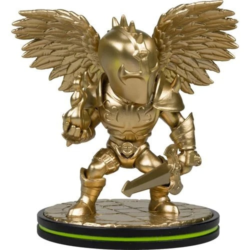 A metallic gold fantasy winged knight figurine standing on a circular display base with a black and neon green ring, photographed against a plain white background.