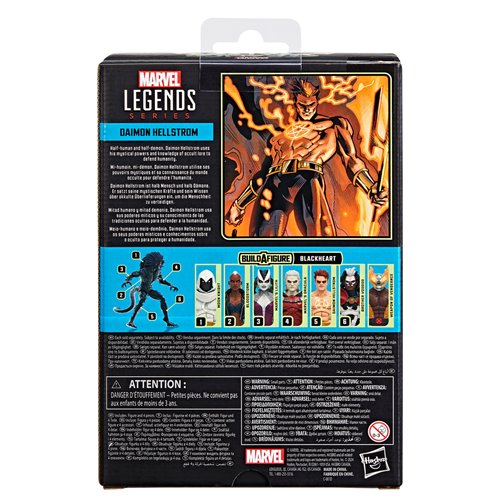 Marvel Legends Series Daimon Hellstrom action figure back of packaging on a white background