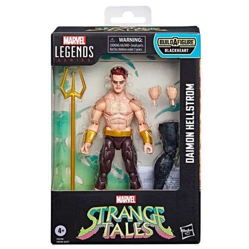 Marvel Legends Daimon Hellstrom action figure in packaging with 'Strange Tales' branding.