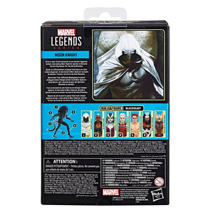 Marvel Legends Moon Knight action figure back of packaging with character images and Marvel logo on white background.