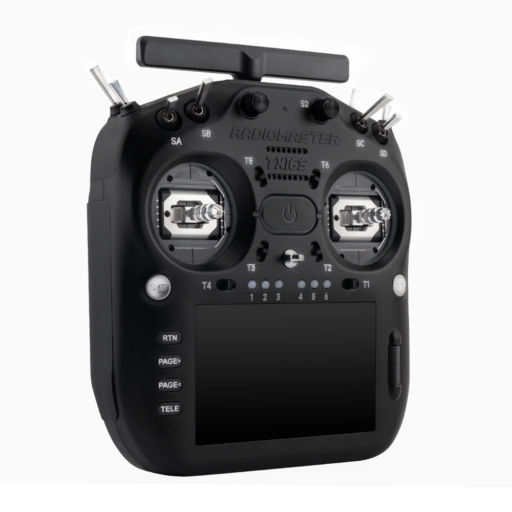 Black Radiomaster drone remote control on a white background