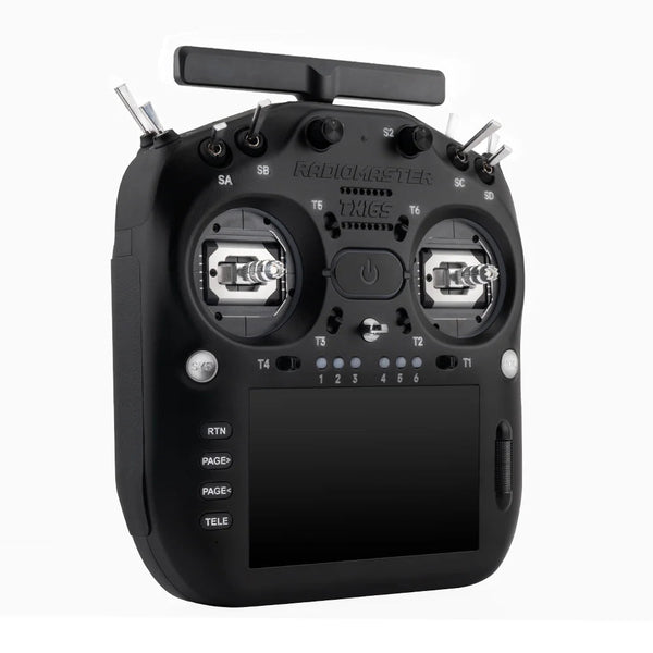 Black radio controller with antennas on a white background