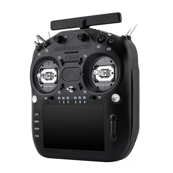 Black radio controller with 'Radiomaster' branding on a white background