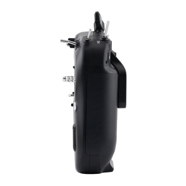 Black remote control transmitter on a white background