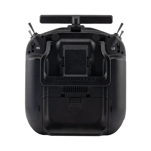Black radio controller with 'Radiomaster' branding on a white background