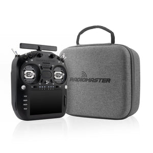 Radio controller with screen and gray carrying case on a white background, featuring Radiomaster branding.