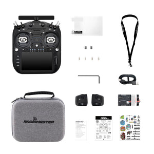A RadioMaster remote control transmitter kit laid out on a white background, including the black transmitter, gray hard carrying case, screen protector, lanyard, screws, Allen wrench, USB cable, two small black components, a battery, power cable, manuals, and decals.