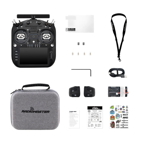 A RadioMaster remote control transmitter kit laid out on a white background, including the black transmitter, gray hard carrying case, screen protector, lanyard, screws, Allen wrench, USB cable, two small black components, a battery, power cable, manuals, and decals.
