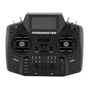 Black Radiomaster GX12 remote control on a white background