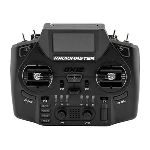 Black Radiomaster GX12 remote control on a white background