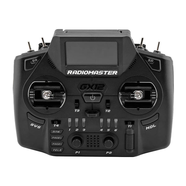 Black Radiomaster GX12 remote control on a white background
