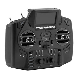 Black Radiomaster GX12 remote control on a white background