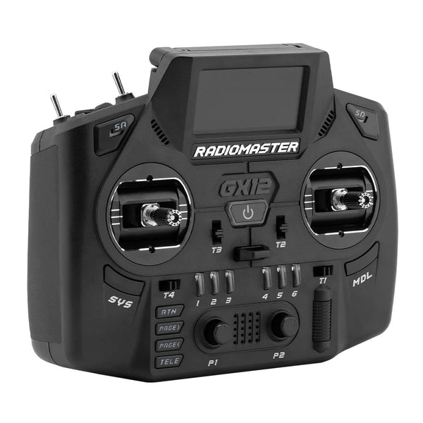 Black Radiomaster GX12 remote control on a white background