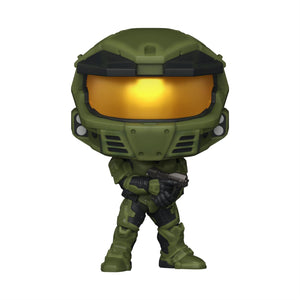 Echo Six Hobbies A Funko Pop! vinyl figure of Master Chief from Halo, standing in a fighting pose and holding a pistol. The figure features his signature olive green armor, black gloves, and a glowing amber-yellow visor, set against a solid white background.