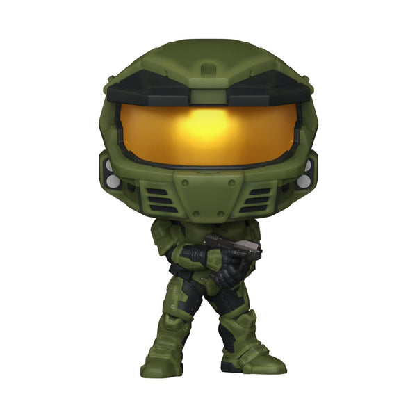 Echo Six Hobbies A Funko Pop! vinyl figure of Master Chief from Halo, standing in a fighting pose and holding a pistol. The figure features his signature olive green armor, black gloves, and a glowing amber-yellow visor, set against a solid white background.