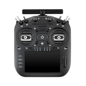 Black drone remote control with various buttons and displays on a white background