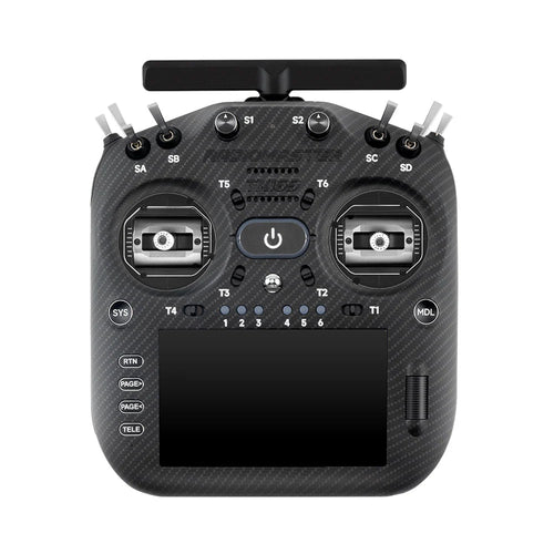 Black drone remote control with various buttons and displays on a white background