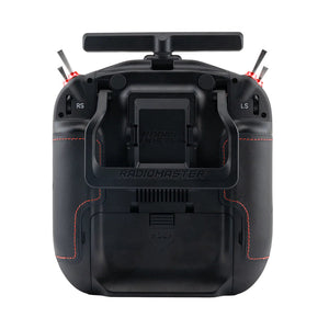 Black remote control transmitter with antennas on a white background