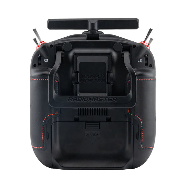 Black remote control transmitter with antennas on a white background
