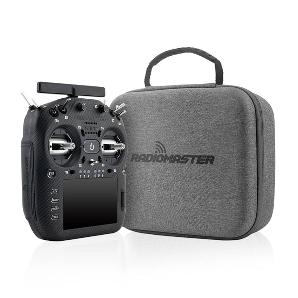 Black remote control with 'Radiomaster' branding next to a gray carrying case on a white background