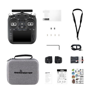 Collection of drone accessories including a remote control, case, and various small items on a white background.