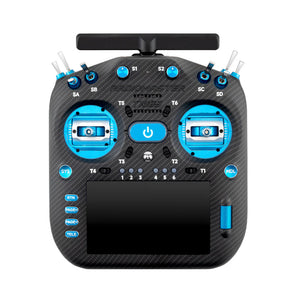 Black and blue remote control with carbon fiber texture on a white background