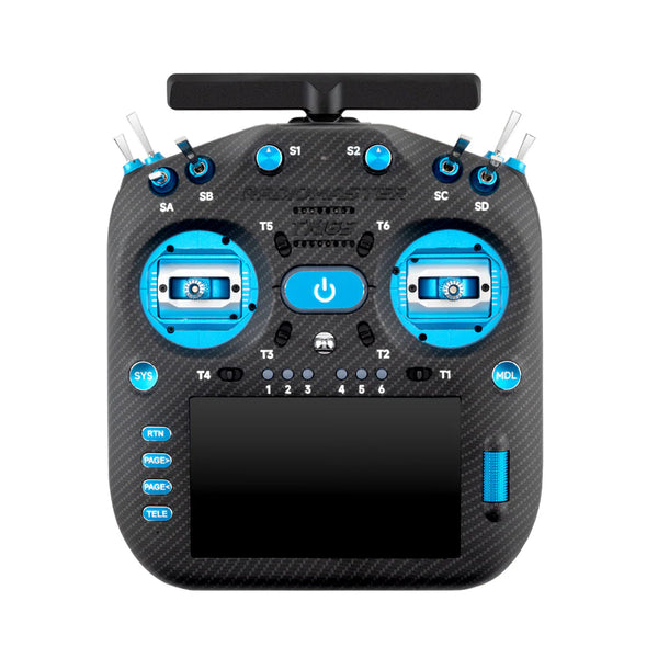 Black and blue remote control with carbon fiber texture on a white background