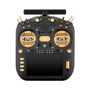 Black and gold drone remote control with screen on a white background