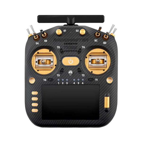 Black and gold drone remote control with screen on a white background