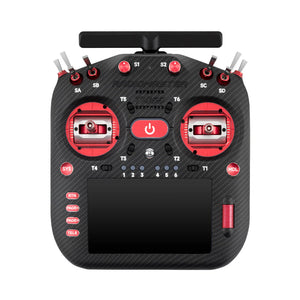 Black and red remote control with multiple buttons on a white background