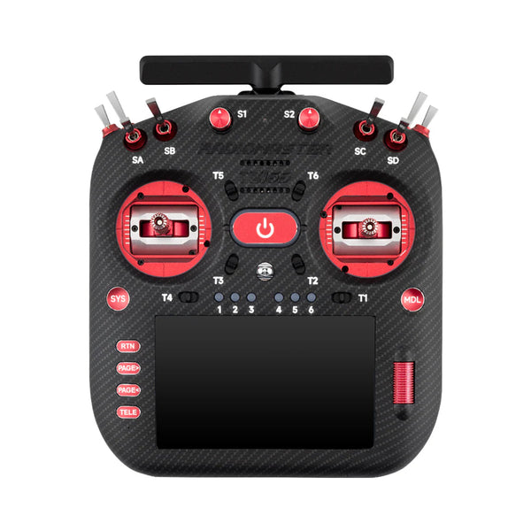 Black and red remote control with multiple buttons on a white background