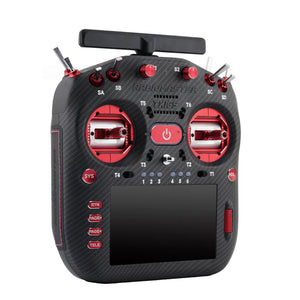 Black and red remote control with screen on a white background