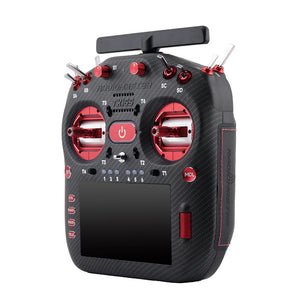 Radio controller with red and black design on a white background