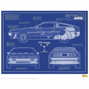 Echo Six Hobbies A blue blueprint-style poster featuring white technical line drawings of a DeLorean car, with front, rear, side, and cross-section views, plus labeled notes and the DeLorean SMC branding.