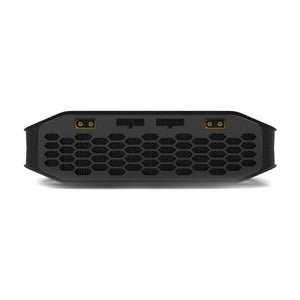 A black electronic device, likely a speaker or receiver, shown from a rear three-quarter view on a clean white background.