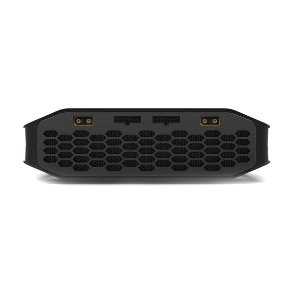 A black electronic device, likely a speaker or receiver, shown from a rear three-quarter view on a clean white background.