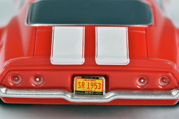 Echo Six Hobbies Rear section of an HO Super Sport Camaro slot car with yellow and orange Chicago licence plates SR-1953