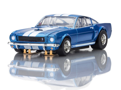 AFX Racing - Shelby GT350 1966 Blue / White Stripes model car showcasing detailed design, perfect for collectors and enthusiasts supporting STEM education in a veteran-owned hobby store.