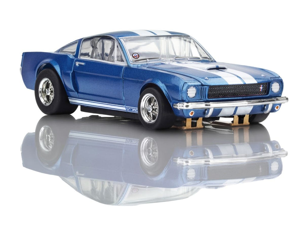 AFX Racing - Shelby GT350 1966 Blue / White Stripes model car showcasing detailed design, perfect for collectors and enthusiasts supporting STEM education in a veteran-owned hobby store.