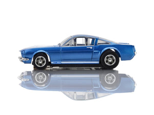 AFX Racing - Shelby GT350 1966 Blue / White Stripes model car showcased in detailed side view, reflecting passion for precision and vintage RC racing excellence.