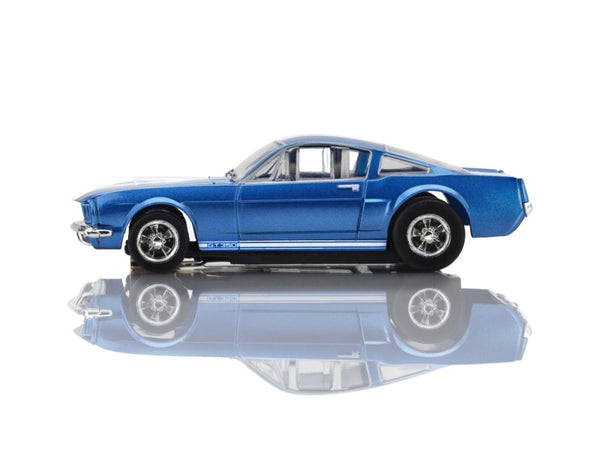 AFX Racing - Shelby GT350 1966 Blue / White Stripes model car showcased in detailed side view, reflecting passion for precision and vintage RC racing excellence.